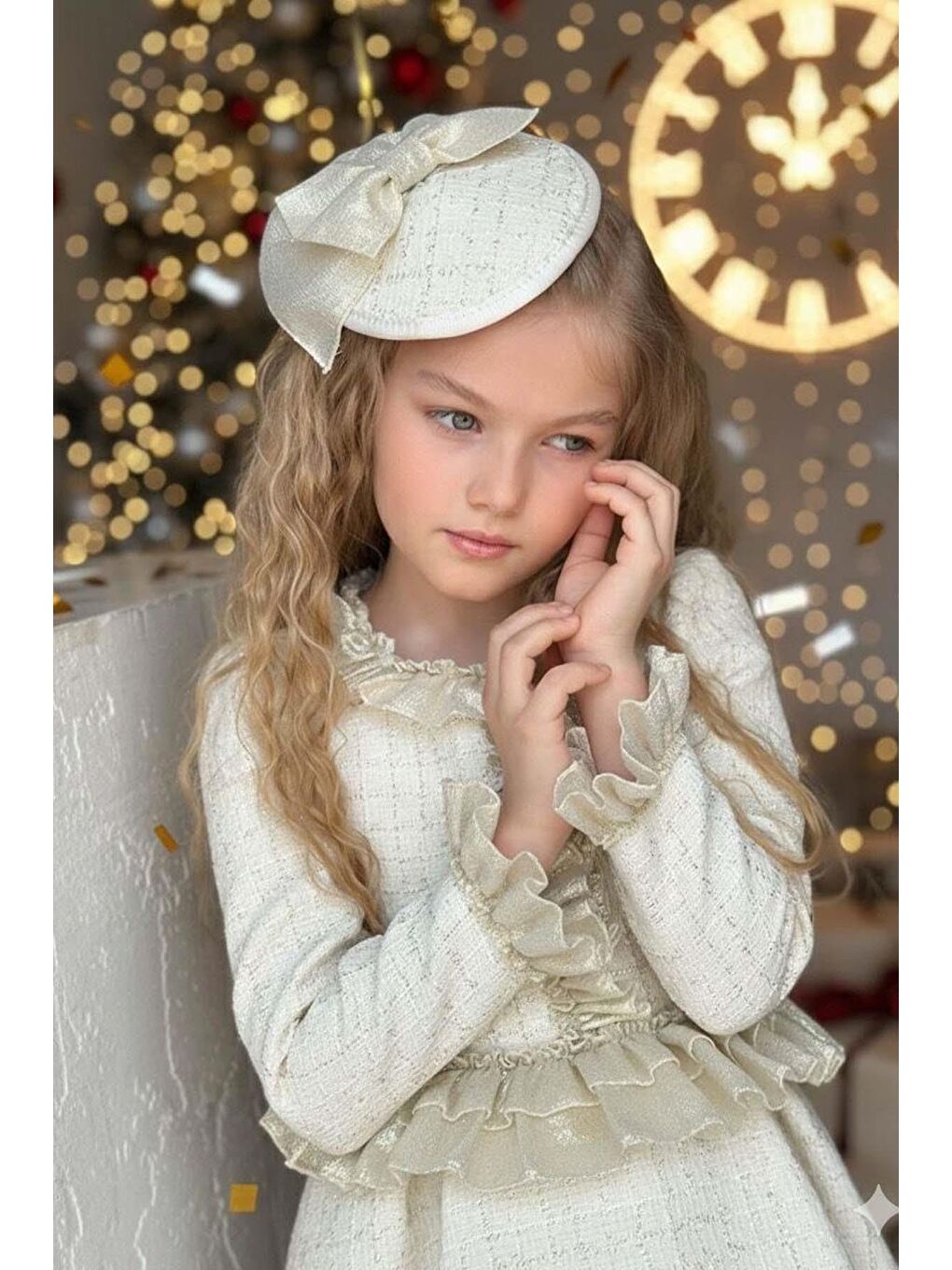 Sarı Kız Çocuk Yakası ve Beli Fırfır Detaylı Üzeri Kare Desenli Gold Şanel Elbise-1