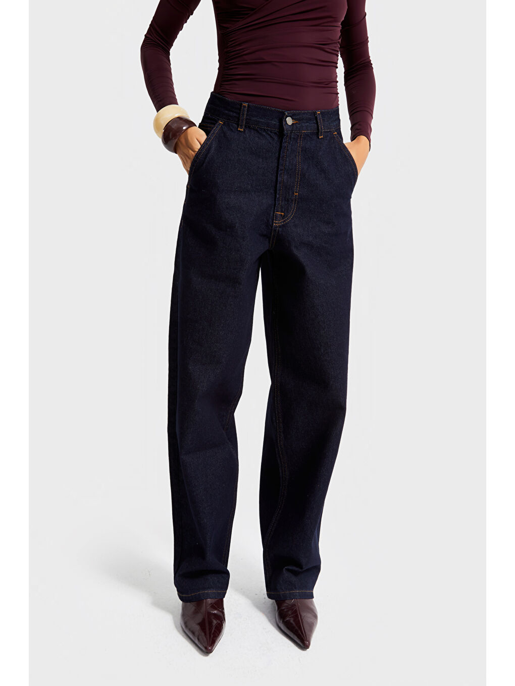 Kadın İndigo Renk 7W5-50 Skater Fit %100 Pamuk Bol Kesim İç Boy 80cm Denim Jean-1