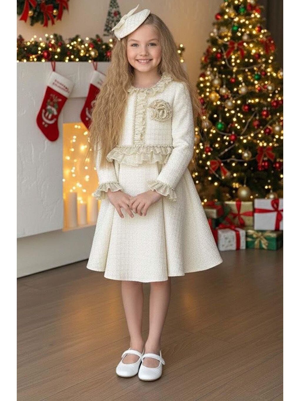 Sarı Kız Çocuk Yakası ve Beli Fırfır Detaylı Üzeri Kare Desenli Gold Şanel Elbise-2