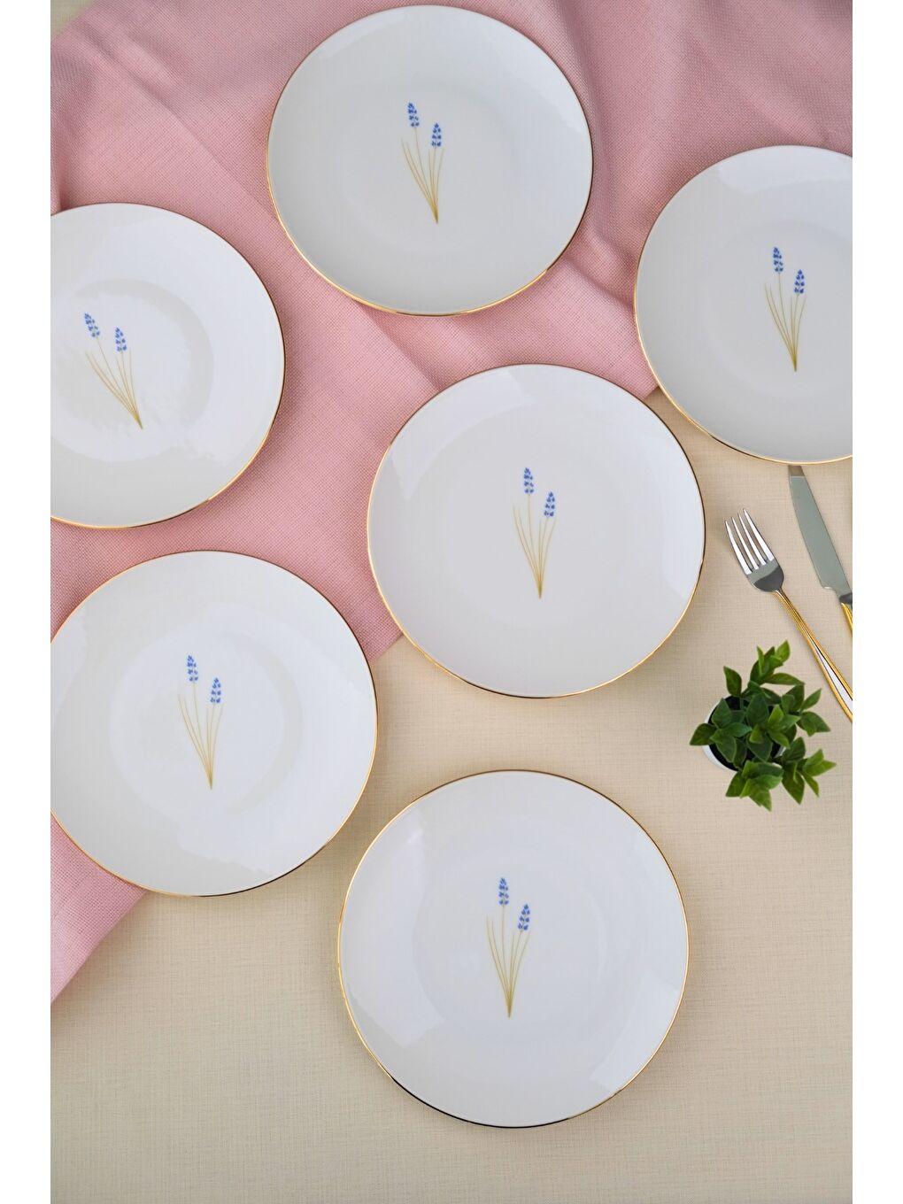 Beyaz Porselen Natura Lavanta Altın Yaldız Pasta Tabağı 20,50cm 6 lı-4
