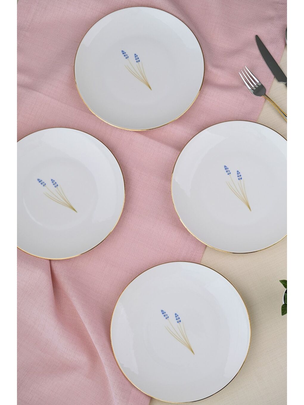 Beyaz Porselen Natura Lavanta Altın Yaldız Pasta Tabağı 20,50cm 4 lü-4