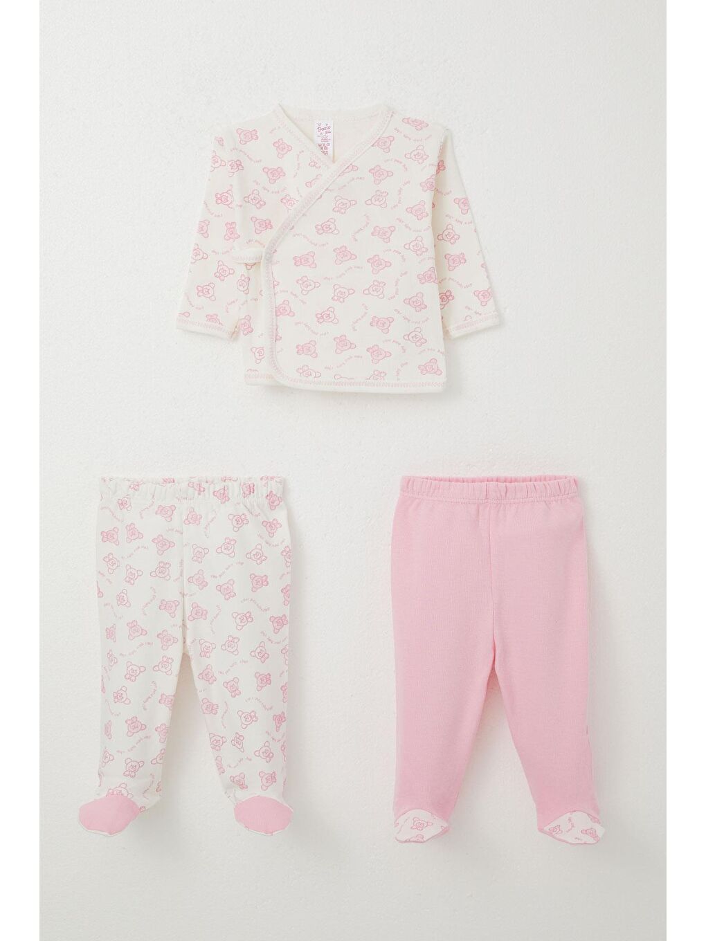 Kız Bebek Hastane Çıkışı 3 Lü Mutlu Bebek Ayıcık Desenli Ekru (0-4 Ay)