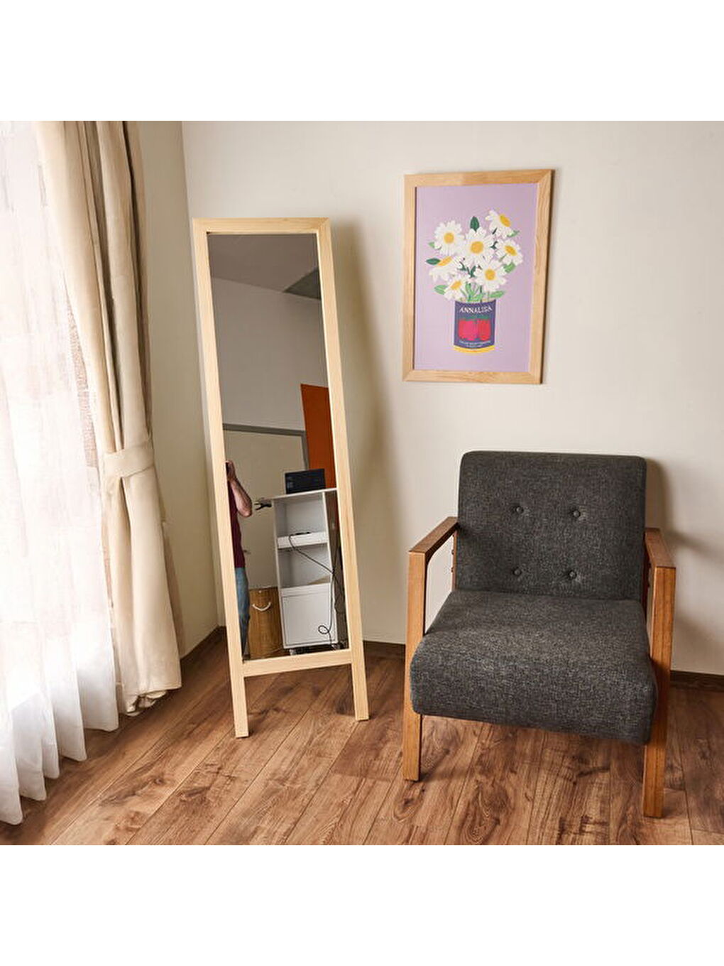 Deco Ahşap Boy Aynası - Bej - 160x45 cm-1