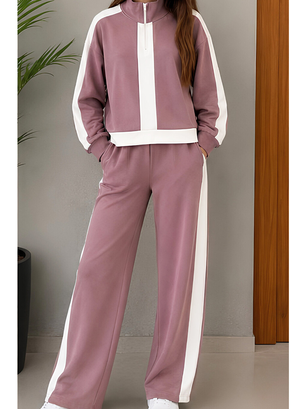 Pembe Kız Çocuk Double Face Kumaş Yarım Fermuarlı Ve Şerit Detaylı Alt-üst Takım 12766sk-1