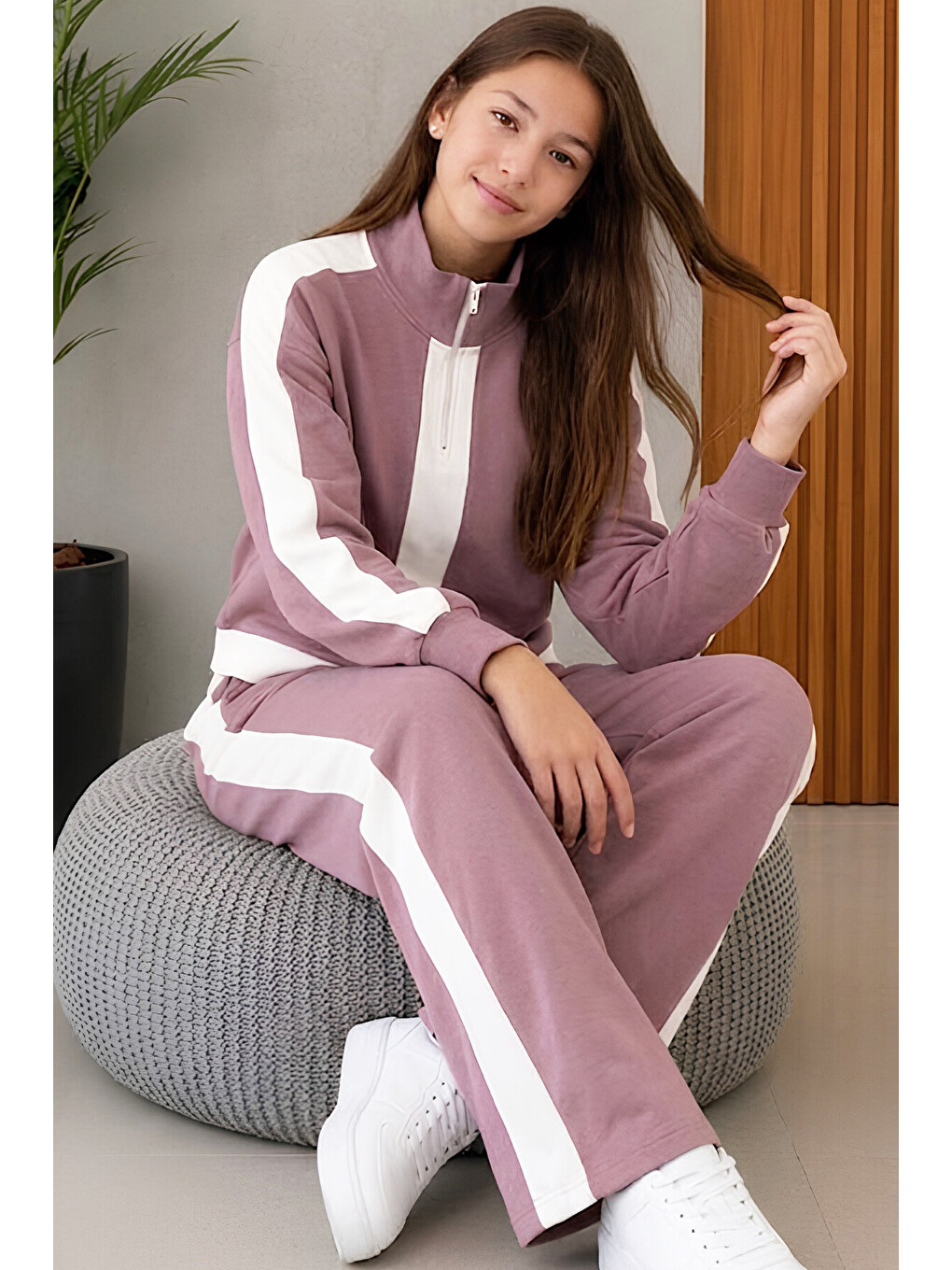 Pembe Kız Çocuk Double Face Kumaş Yarım Fermuarlı Ve Şerit Detaylı Alt-üst Takım 12766sk-2