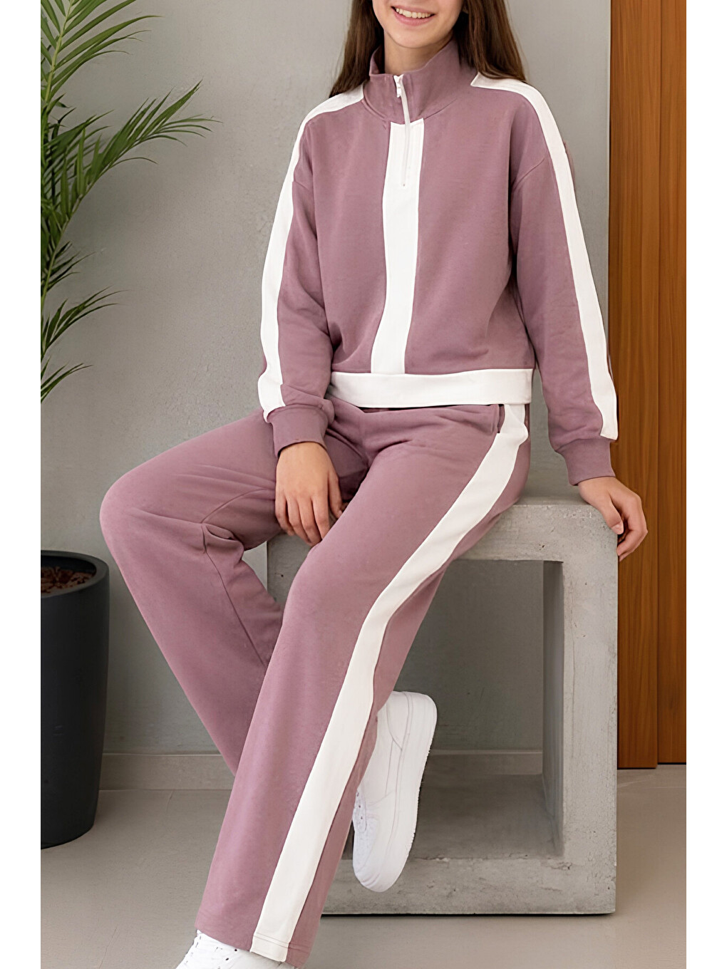 Pembe Kız Çocuk Double Face Kumaş Yarım Fermuarlı Ve Şerit Detaylı Alt-üst Takım 12766sk-3