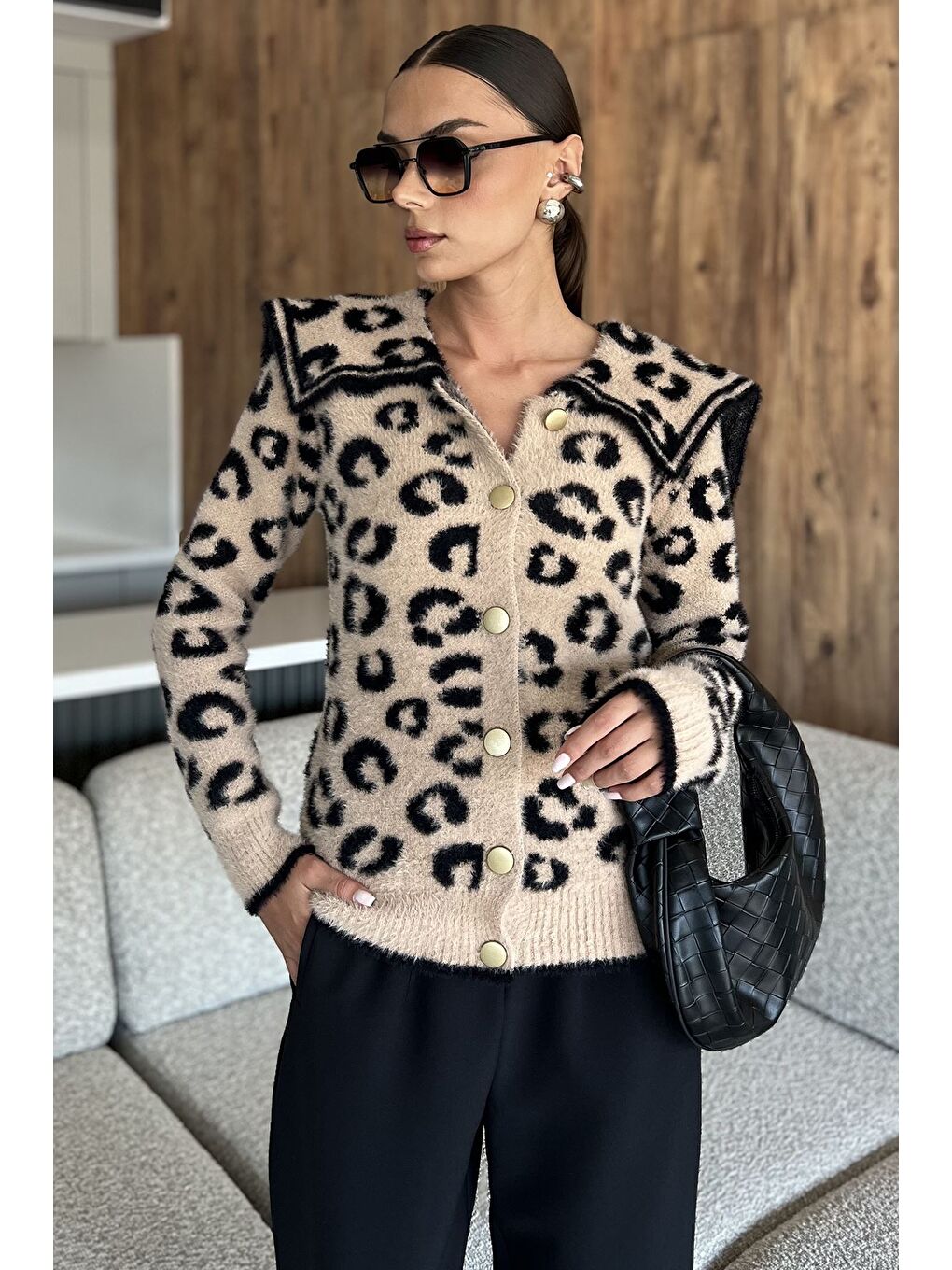 Bej Leopar Desenli Şardonlu Triko Ceket (s,m,l Uyumludur)