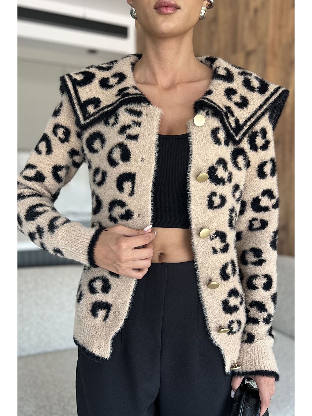 Bej Leopar Desenli Şardonlu Triko Ceket (s,m,l Uyumludur)-1