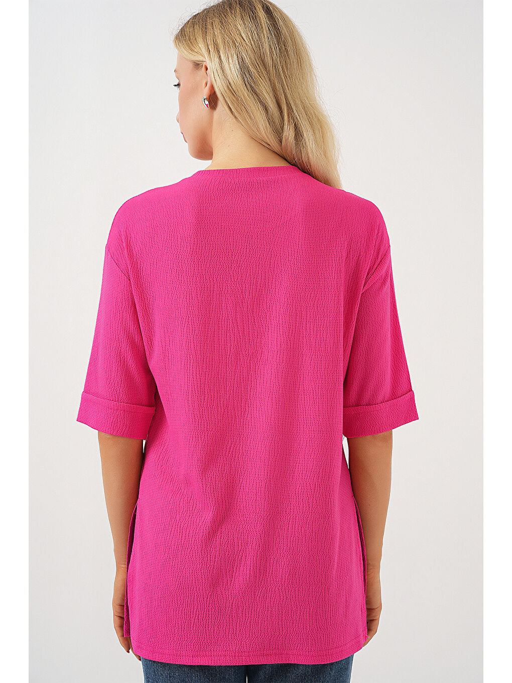 4332 Yanı Yırtmaçlı Örme Tişört - Fuşya-5