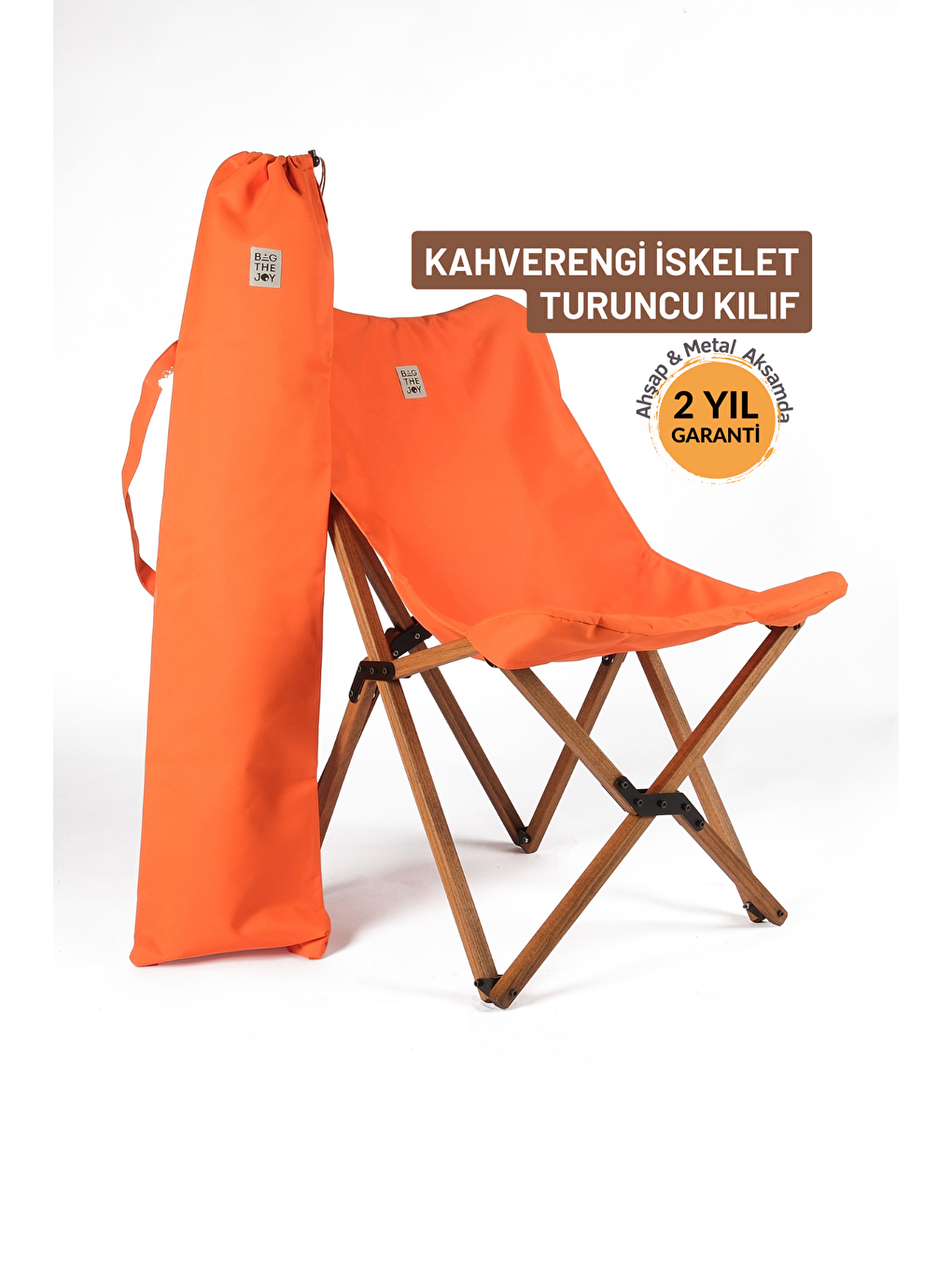 Bag The Joy Turuncu Kahverengi İskelet – Turuncu Kılıf Ahşap Katlanır Kamp & Bahçe Sandalyesi