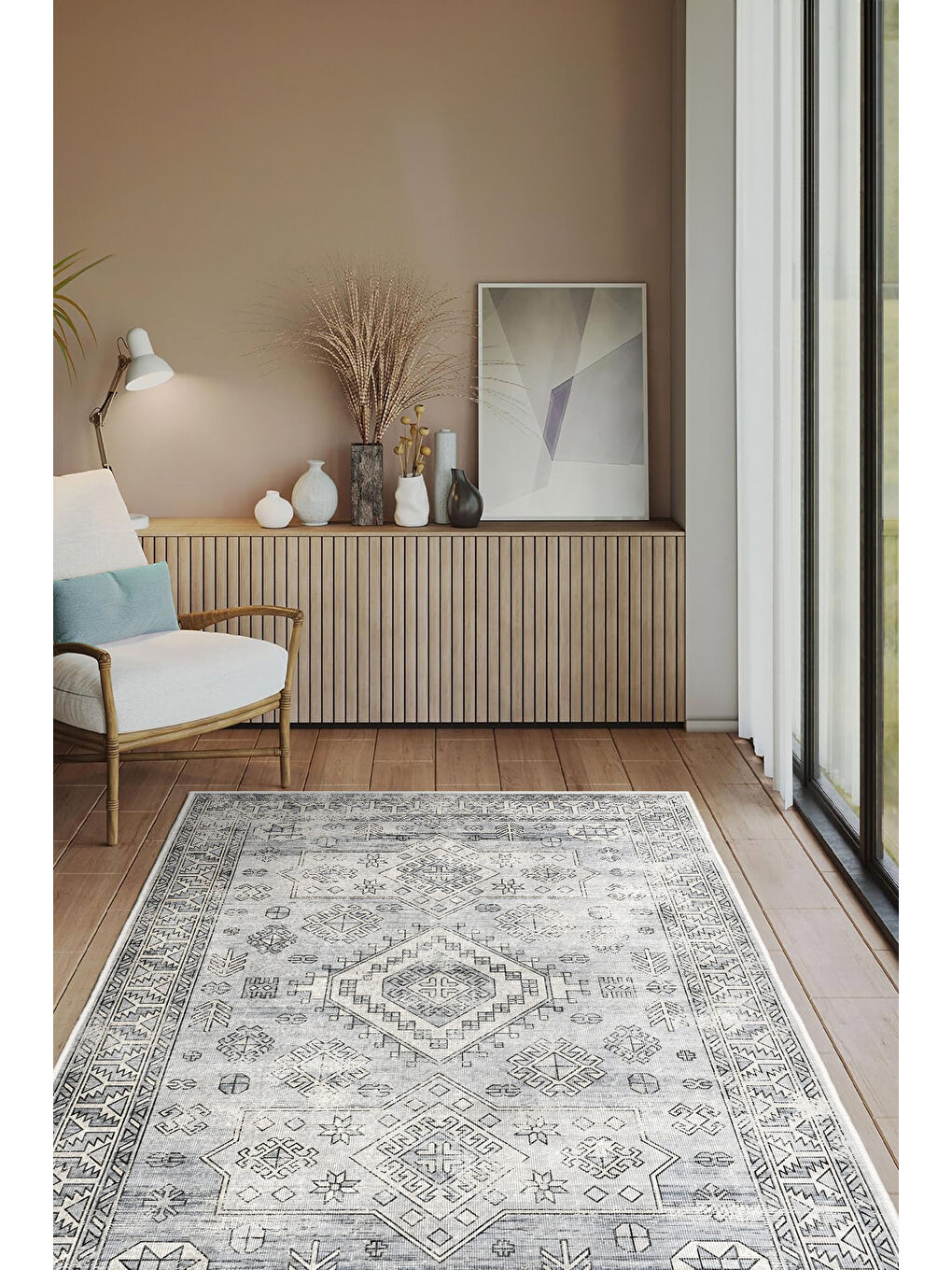 Gri Dekoratif Özel Tasarım Yıkanabilir İnce Kaymaz Tabanlı Modern Halı KECE FR37-2