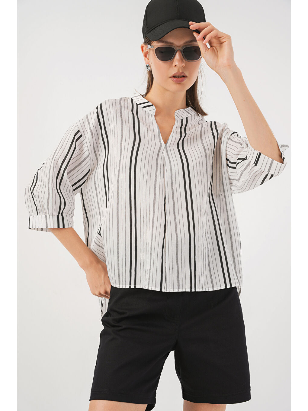 Bej Kadın Çizgili Oversize Bluz 967 - Taş