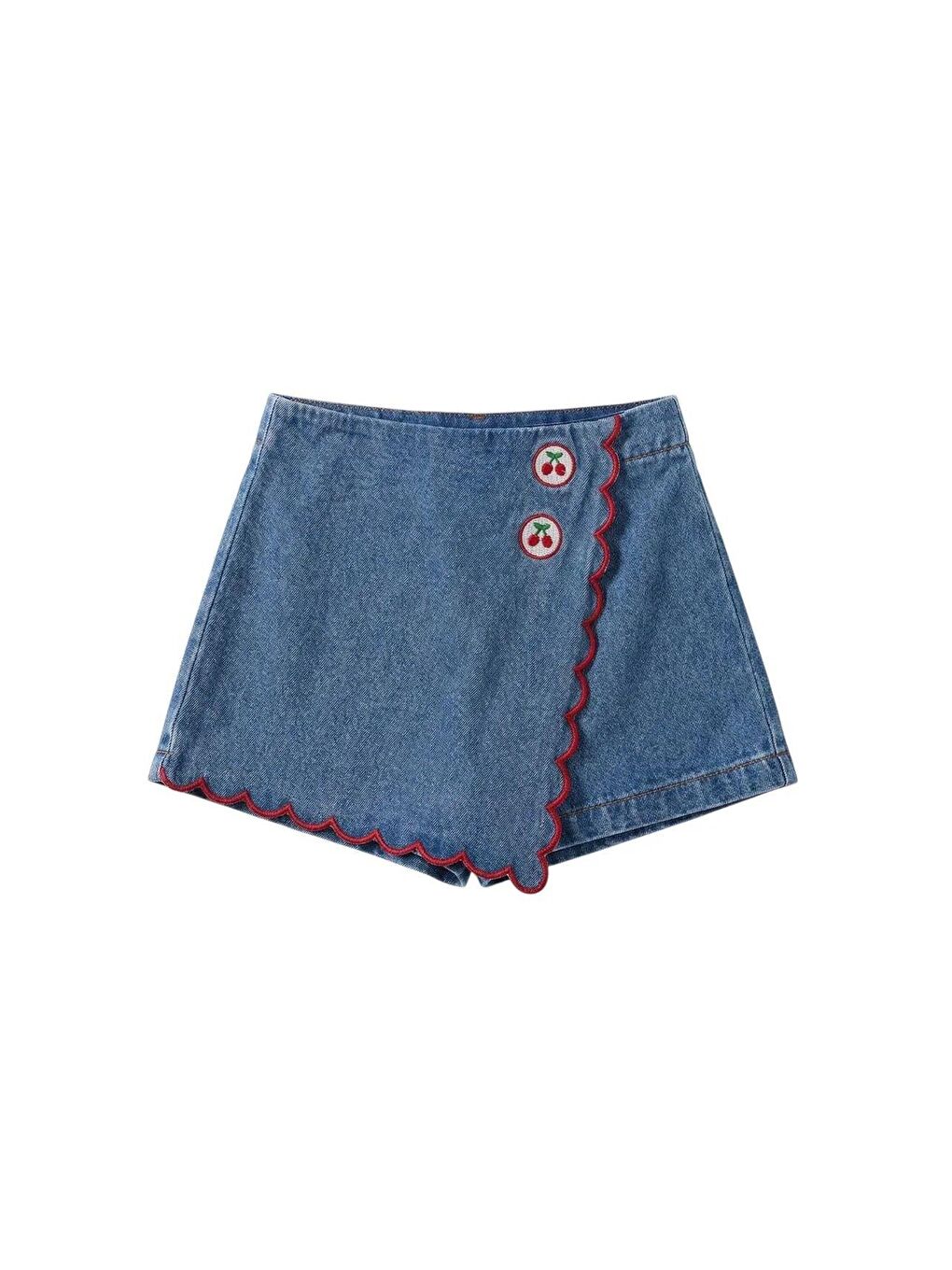 Karışık Kız Çocuk Pamuklu Mavi Kiraz Düğmeli Denim Şort Etek-1