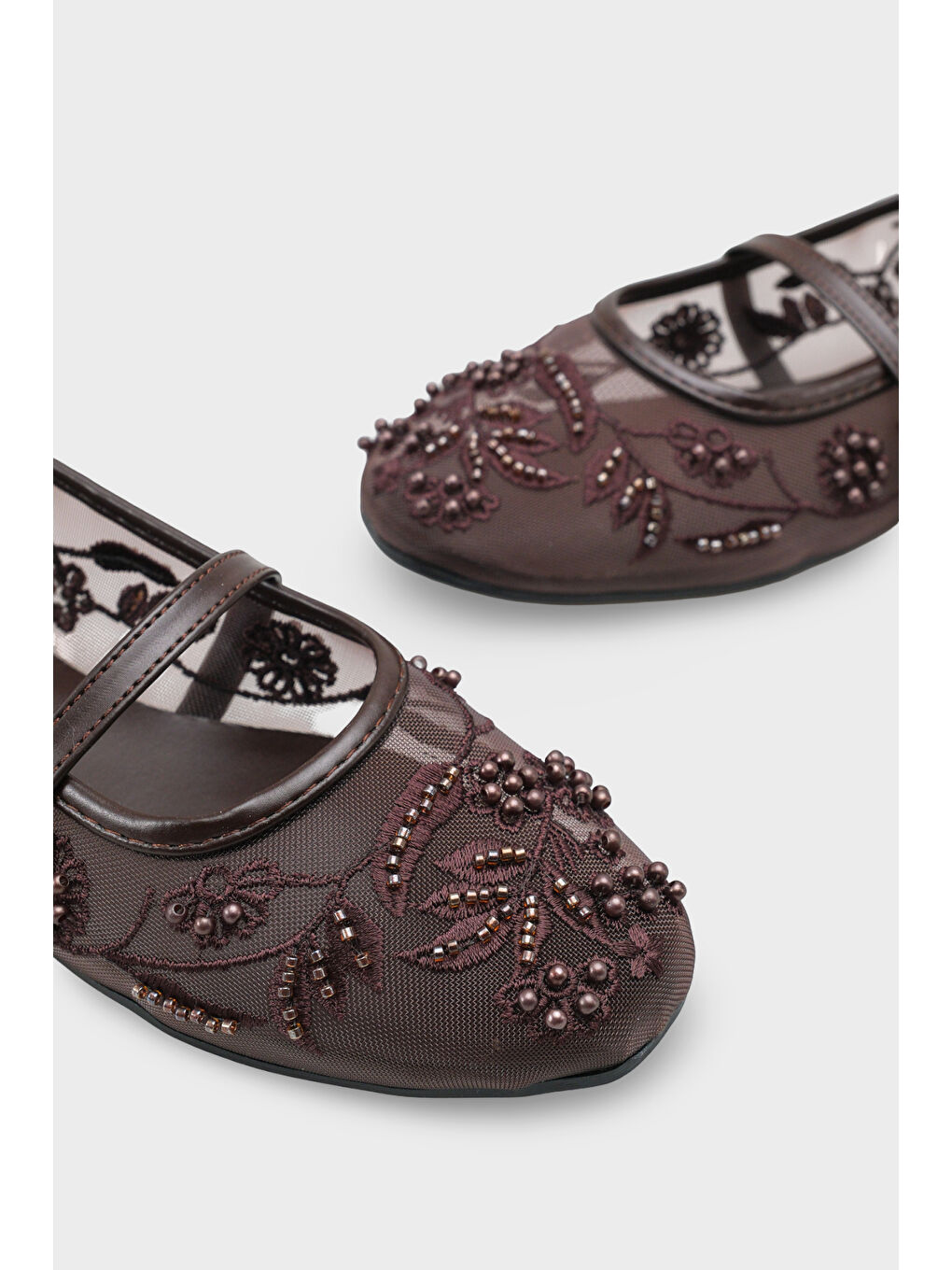 Kahverengi Mathilde Dantelli Fileli Nakışlı Kadın Babet-4