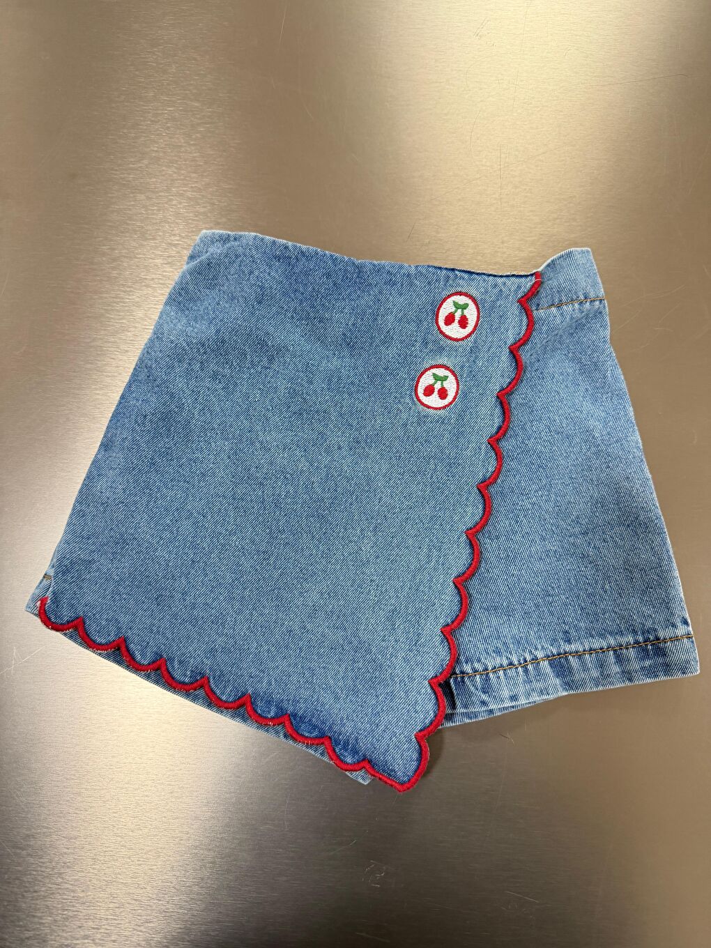 Karışık Kız Çocuk Pamuklu Mavi Kiraz Düğmeli Denim Şort Etek-2