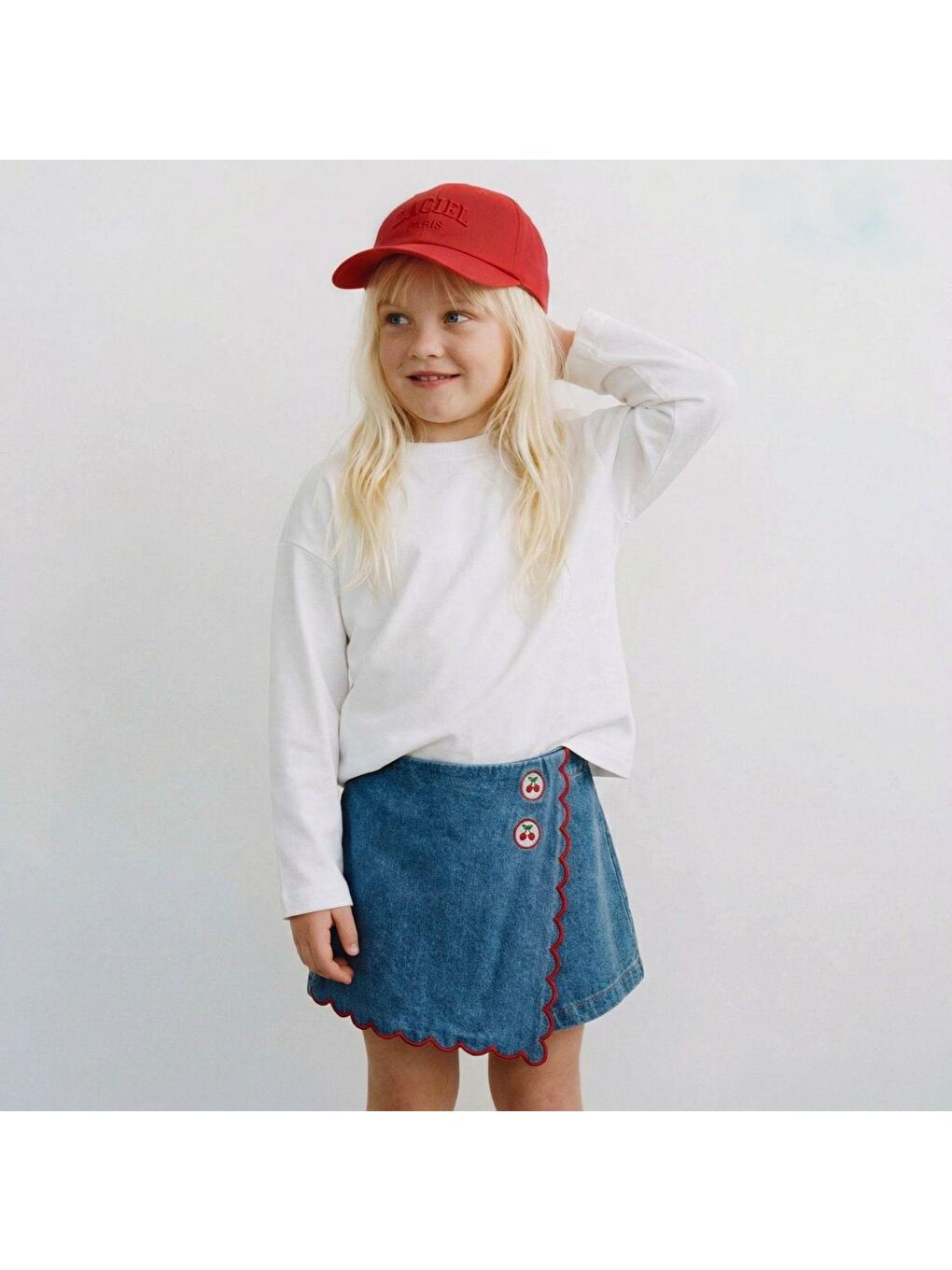 Karışık Kız Çocuk Pamuklu Mavi Kiraz Düğmeli Denim Şort Etek-4