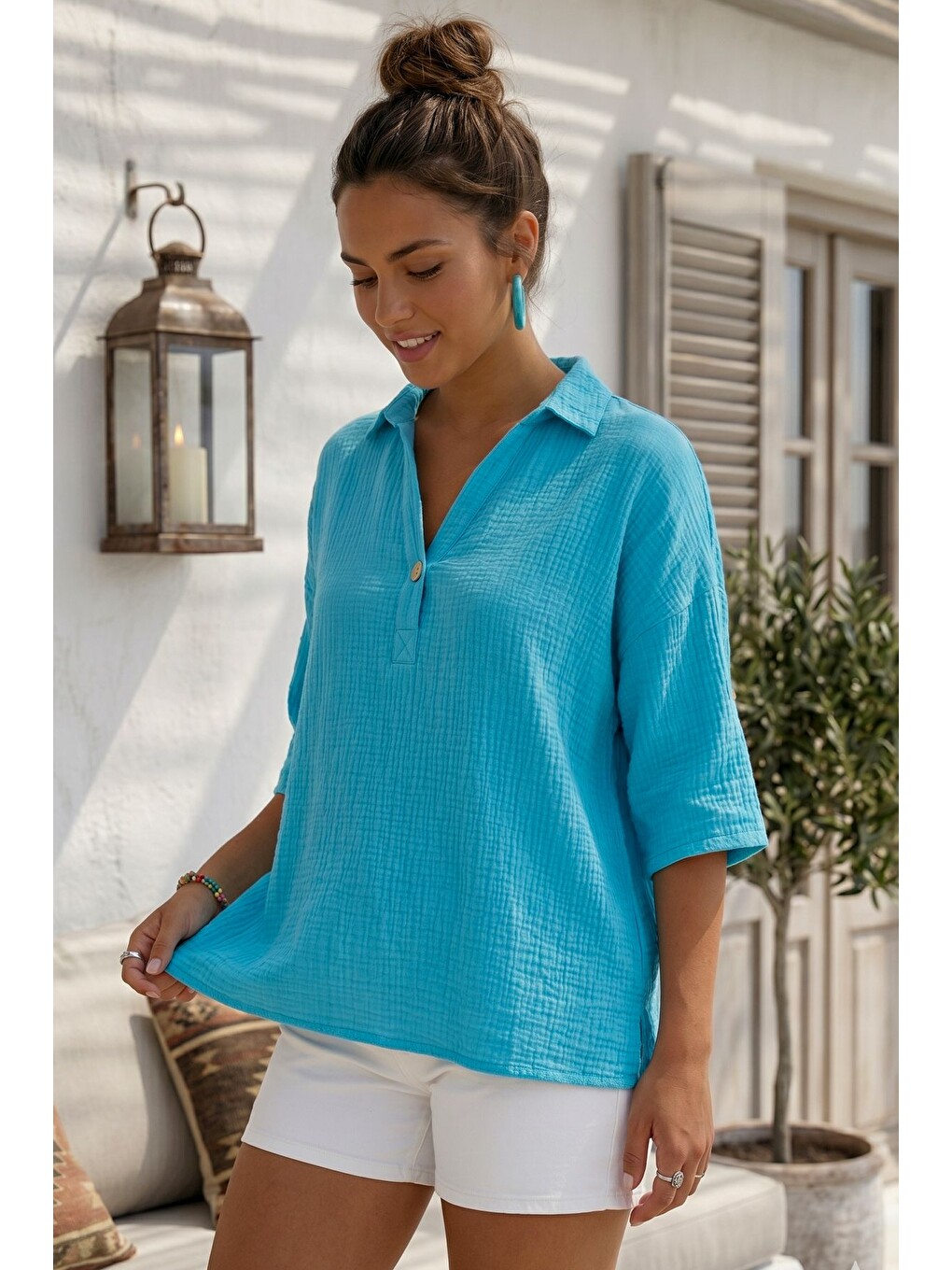 Turkuaz Gömlek Yaka Düğmeli 3/4 Kol Casual Müslin Oversize Dokuma Bluz 67 65