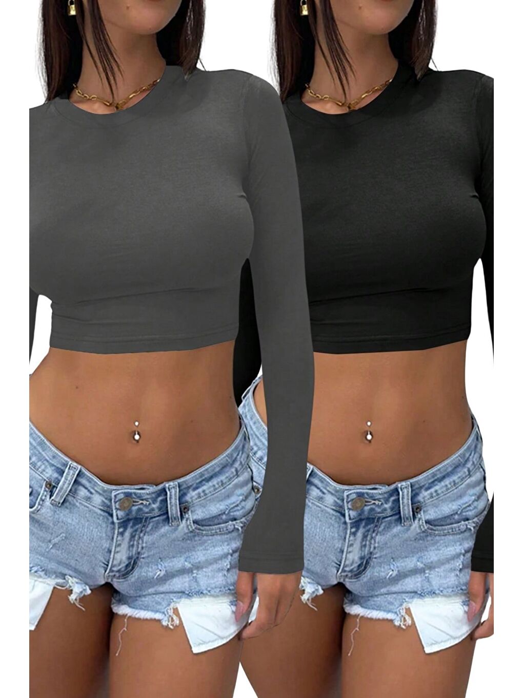 Trendseninle Gri Füme Siyah Bisiklet Yaka Basic Uzun Kollu Slim Crop 2li Set