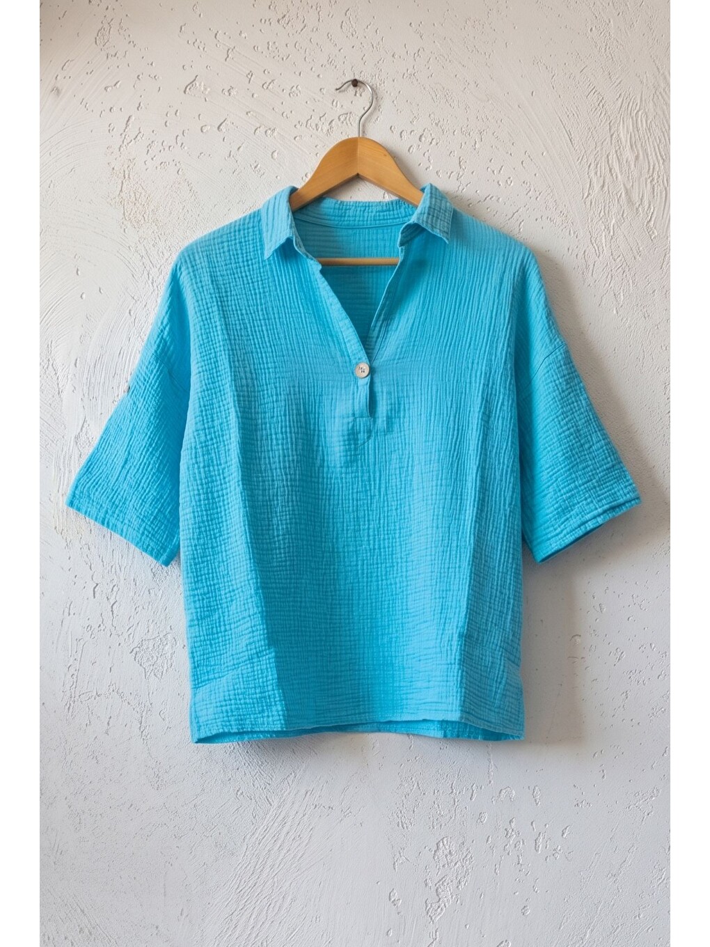 Turkuaz Gömlek Yaka Düğmeli 3/4 Kol Casual Müslin Oversize Dokuma Bluz 67 65-1