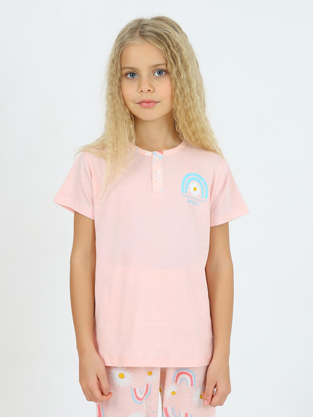 Pembe Kız Çocuk Kısa Kollu %100 Pamuklu Düğme Detaylı Rainbow Pijama Takımı-1