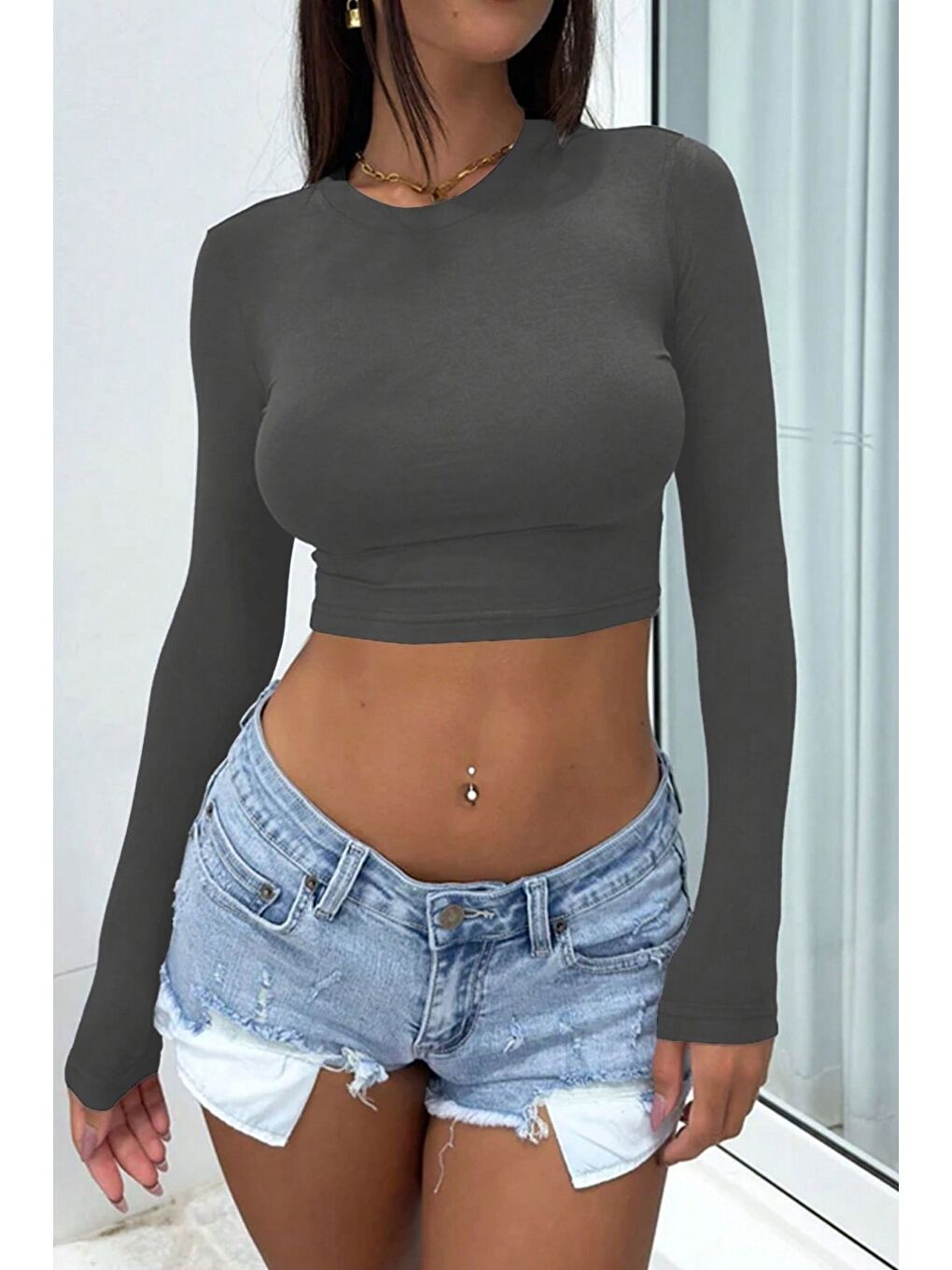 Trendseninle Gri Füme Siyah Bisiklet Yaka Basic Uzun Kollu Slim Crop 2li Set - 2