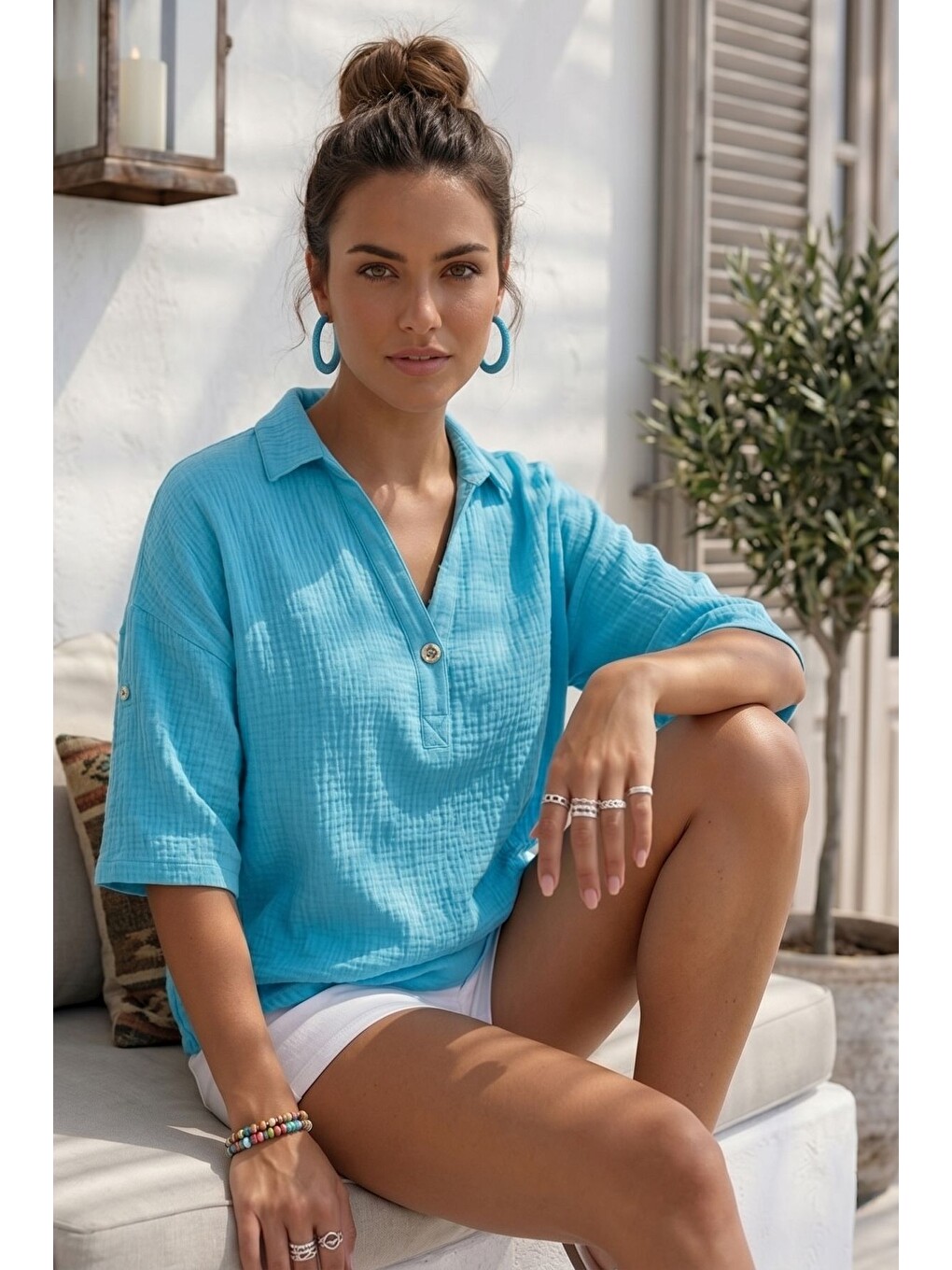 Turkuaz Gömlek Yaka Düğmeli 3/4 Kol Casual Müslin Oversize Dokuma Bluz 67 65-2