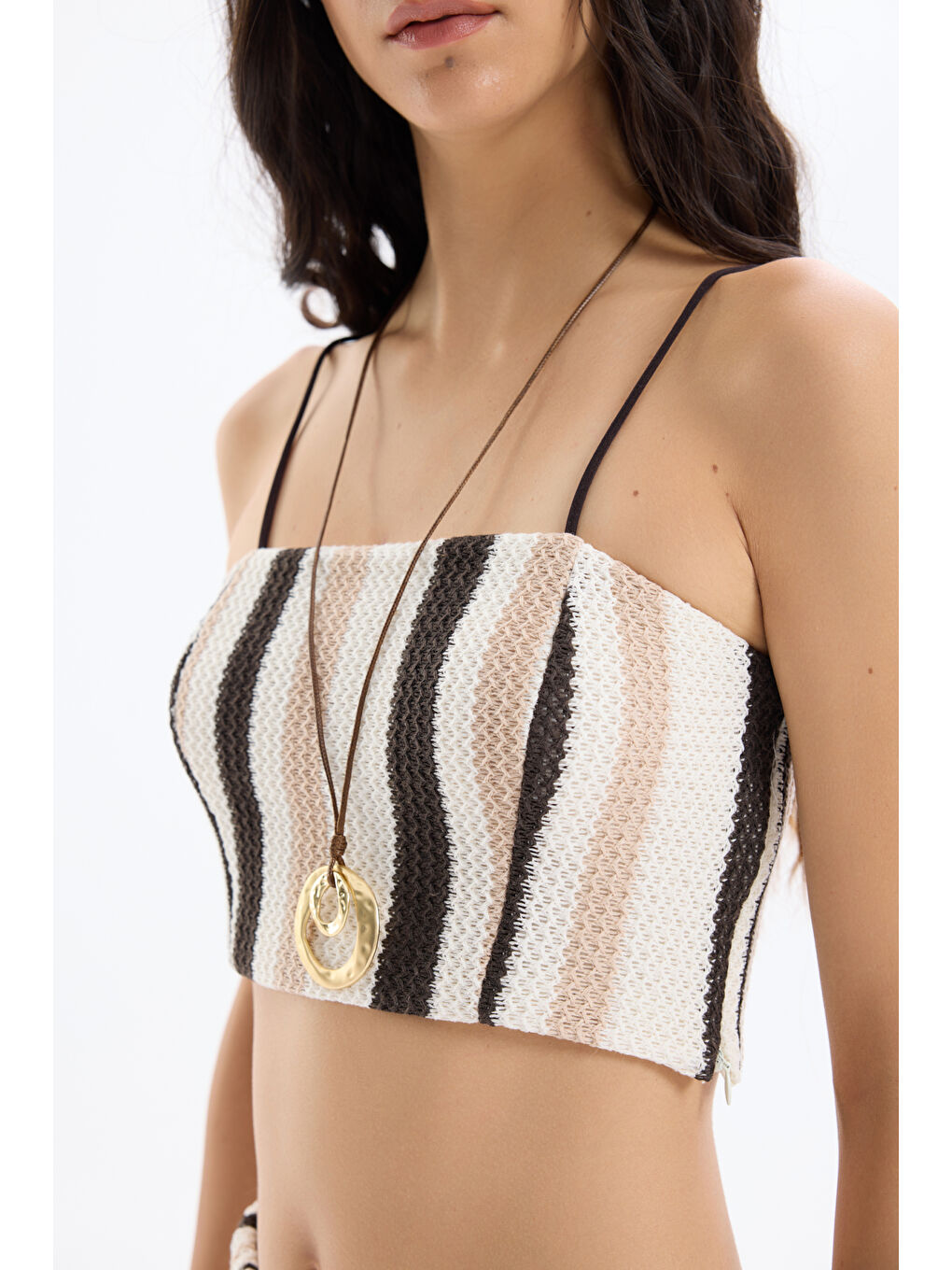 Renkli Örgülü İnce Askılı Büstiyer Bluz Kahverengi-2