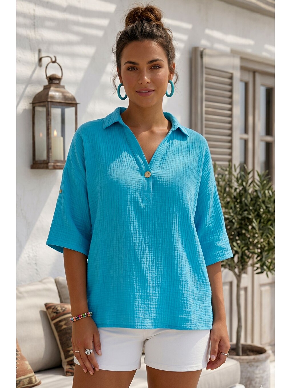 Turkuaz Gömlek Yaka Düğmeli 3/4 Kol Casual Müslin Oversize Dokuma Bluz 67 65-3