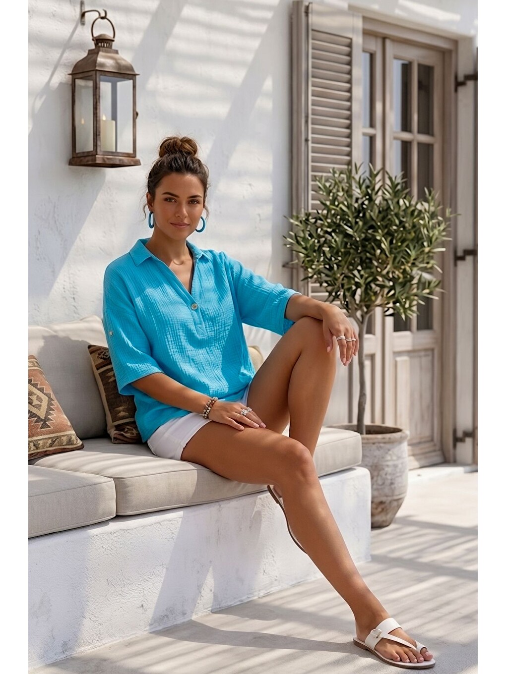 Turkuaz Gömlek Yaka Düğmeli 3/4 Kol Casual Müslin Oversize Dokuma Bluz 67 65-4
