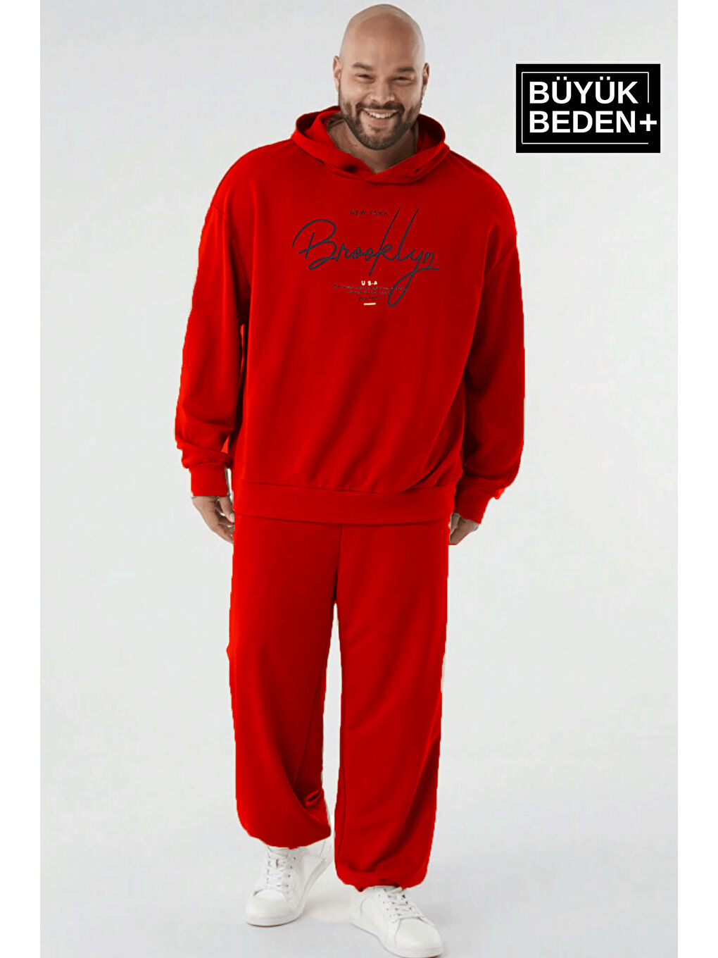 Kırmızı El Yazılı Brooklyn Baskılı Büyük Beden İnce Kapüşonlu Erkek Hoodie SPR25BSW58