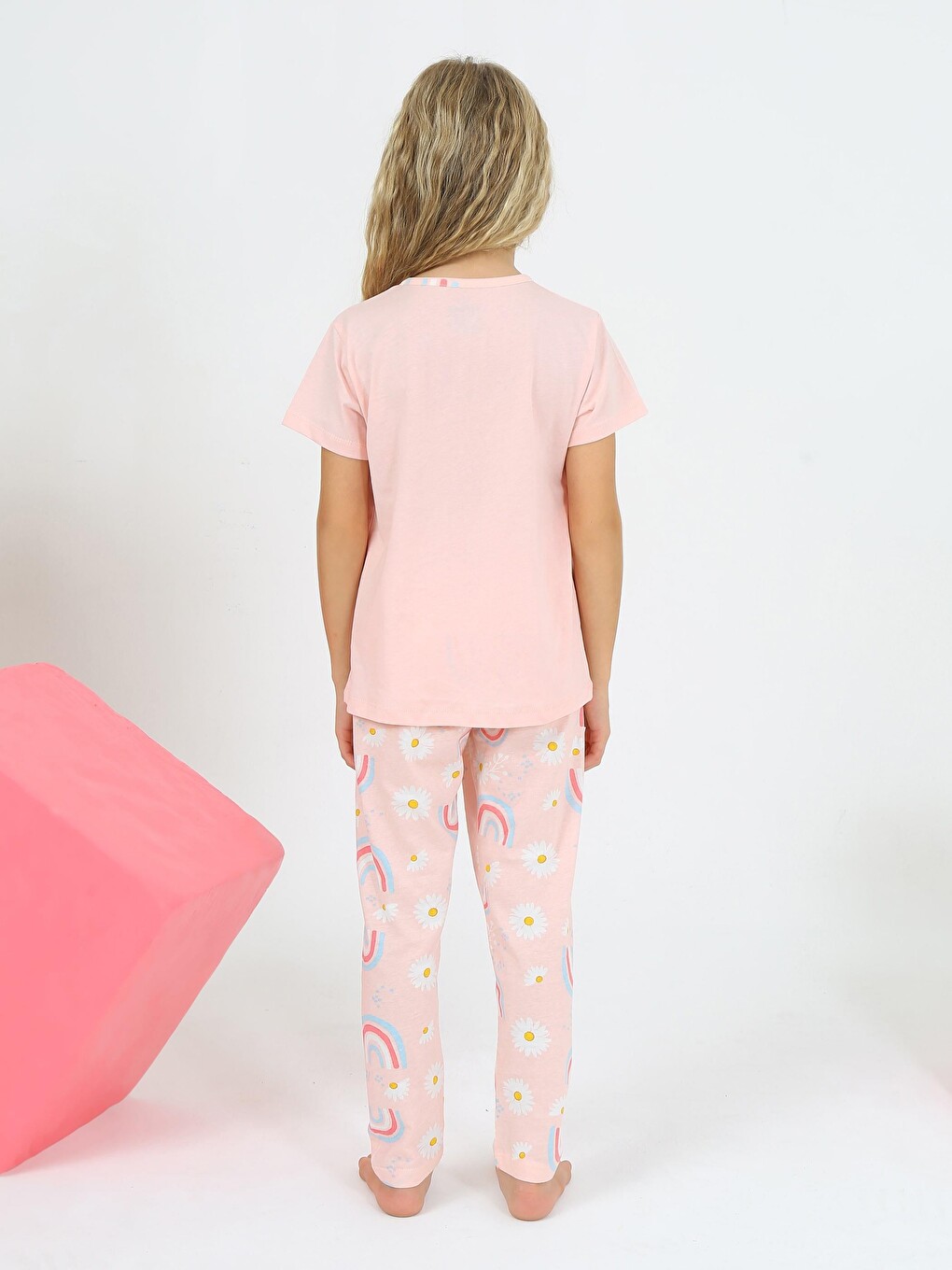 Pembe Kız Çocuk Kısa Kollu %100 Pamuklu Düğme Detaylı Rainbow Pijama Takımı-2