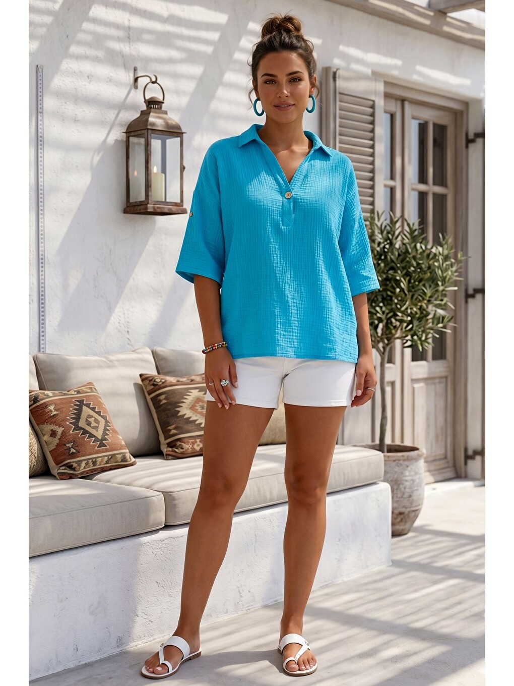 Turkuaz Gömlek Yaka Düğmeli 3/4 Kol Casual Müslin Oversize Dokuma Bluz 67 65-5