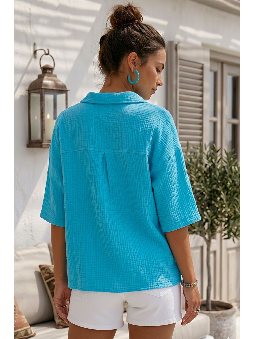 Turkuaz Gömlek Yaka Düğmeli 3/4 Kol Casual Müslin Oversize Dokuma Bluz 67 65-6