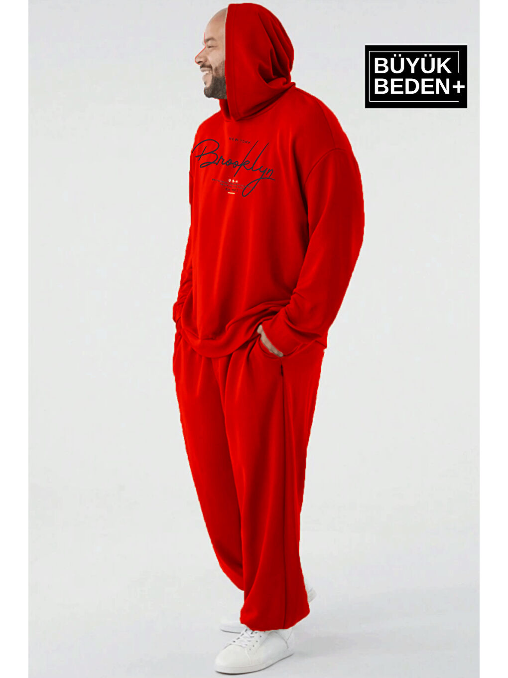 Kırmızı El Yazılı Brooklyn Baskılı Büyük Beden İnce Kapüşonlu Erkek Hoodie SPR25BSW58-1