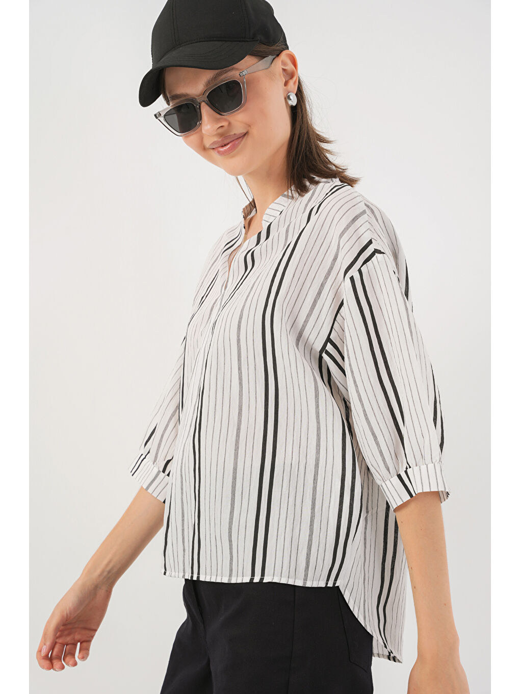 Bej Kadın Çizgili Oversize Bluz 967 - Taş-2