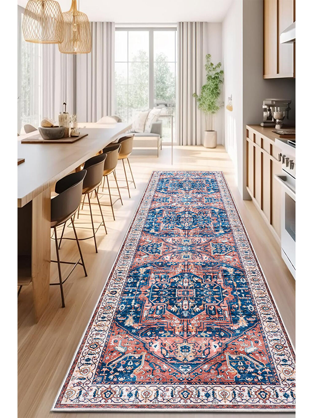 Mavi Dekoratif Özel Tasarım Yıkanabilir İnce Kaymaz Tabanlı Modern Halı KECE FR38-4