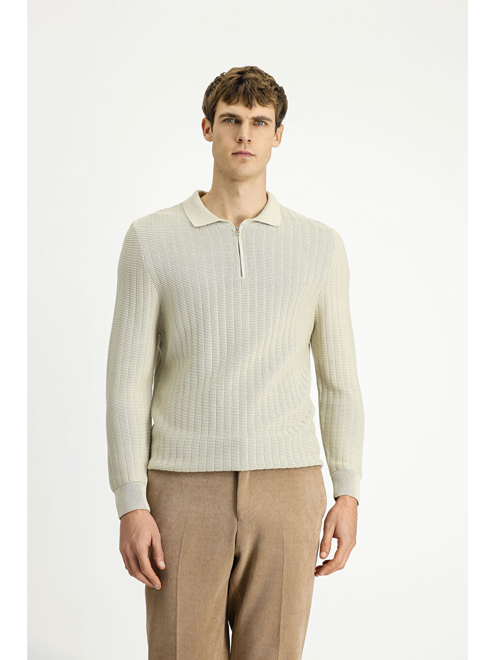 Bej Polo Yaka Regular Fit Desenli Fermuarlı Pamuklu Triko Kazak