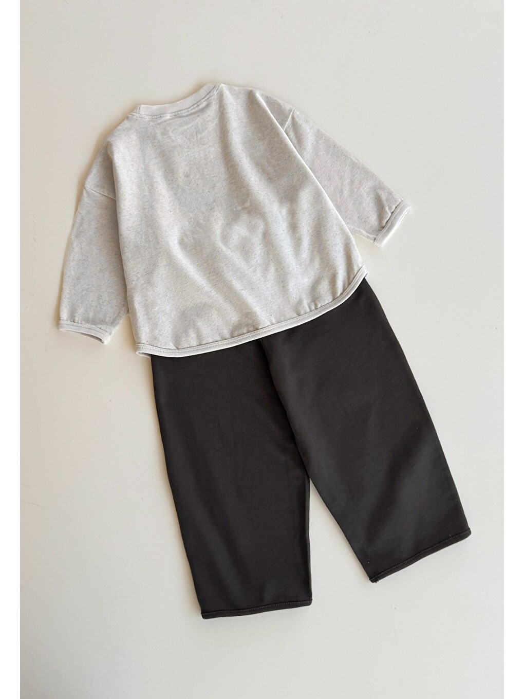Oversize Uzun Kollu T-shirt Takım 2-8 Yaş Bej Melanj-1