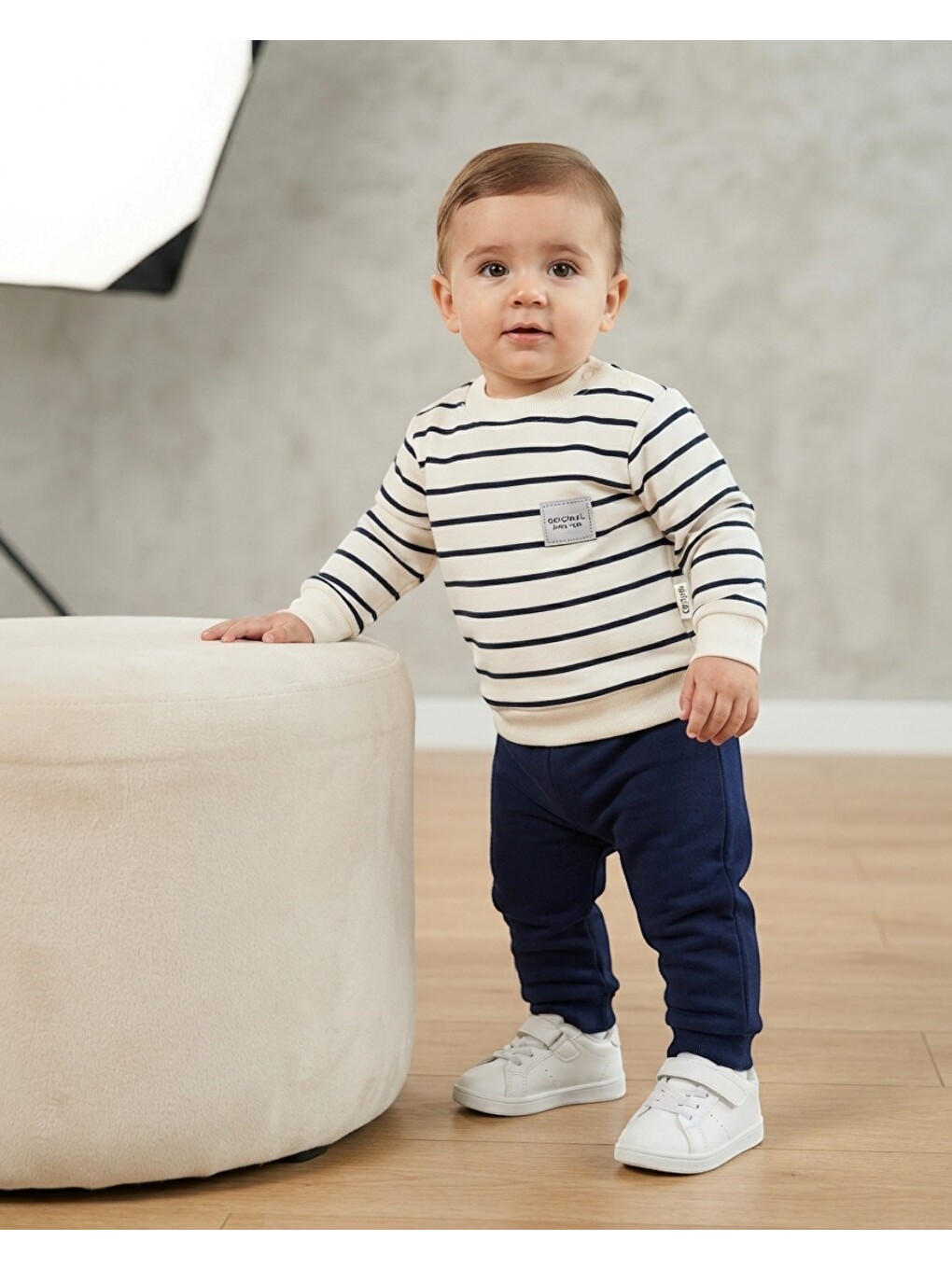 Lacivert Erkek Bebek Mevsimlik Çizgili 6-9-12-18 Aylık 2 İplik Alt Üst %100 Pamuk 2li Takım-1
