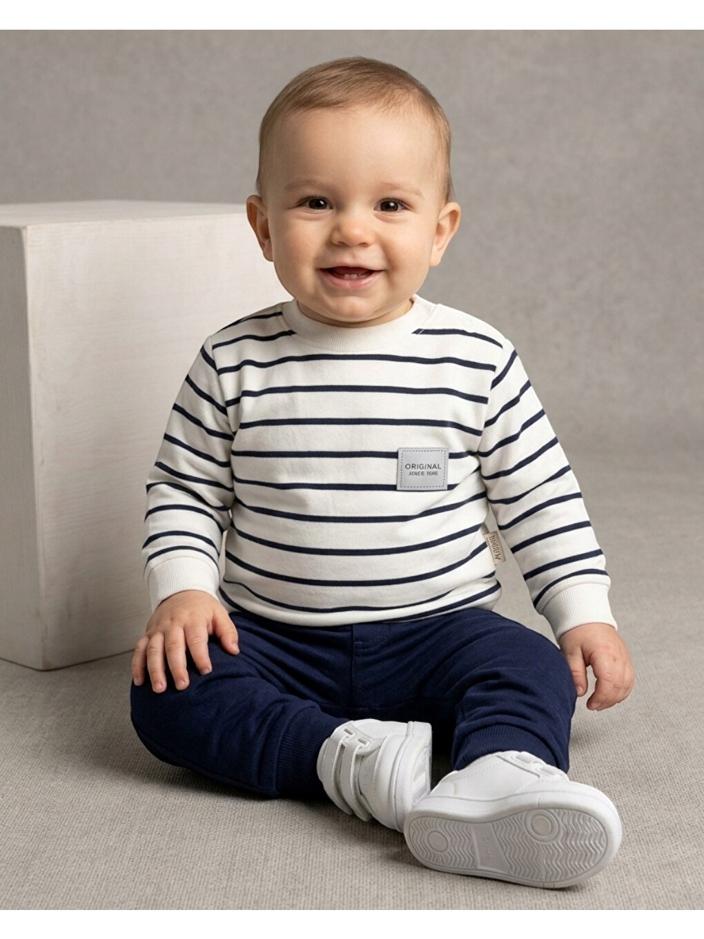 Lacivert Erkek Bebek Mevsimlik Çizgili 6-9-12-18 Aylık 2 İplik Alt Üst %100 Pamuk 2li Takım-2