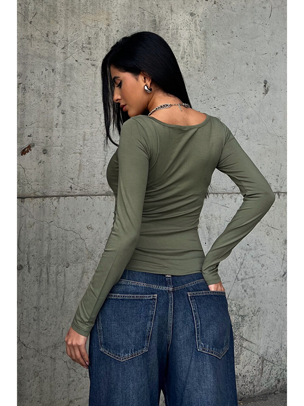 Kadın Haki Prenses Yaka Bluz-3