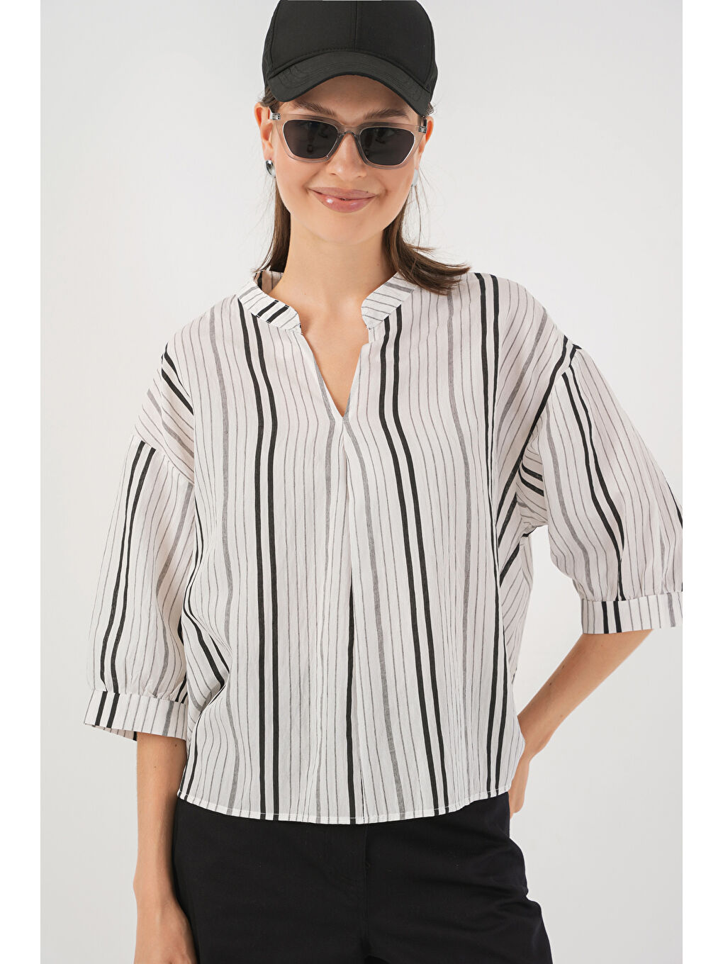 Bej Kadın Çizgili Oversize Bluz 967 - Taş-3