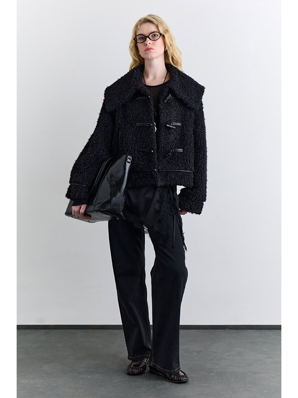 Düğmeli Kürk Kaban Siyah