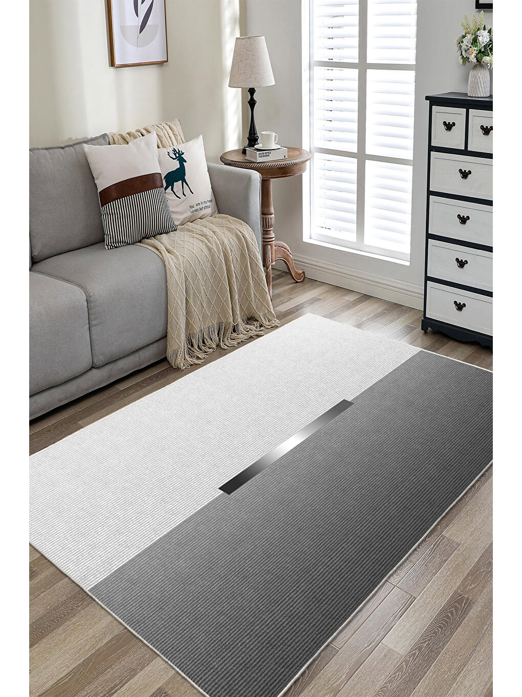 Gri Dekoratif Özel Tasarım Yıkanabilir İnce Kaymaz Tabanlı Modern Halı KECE FR45-2