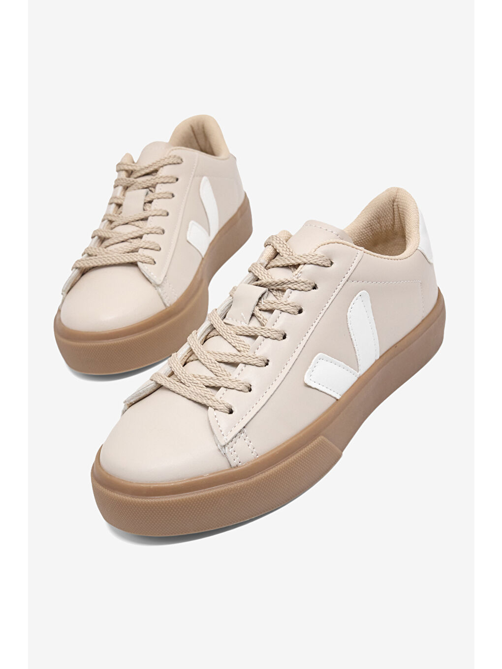 Kadın Bej Beyaz Kauçuk Taban Rahat Bağcıklı Sneaker