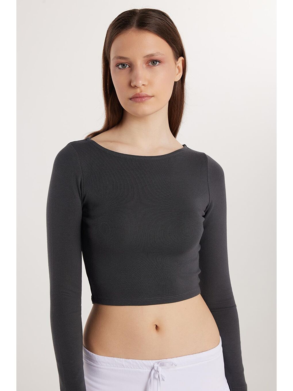 Kadın Slim Fit Dar Kesim Modal Kumaş Uzun Kollu Bisiklet Yaka Antrasit Bluz