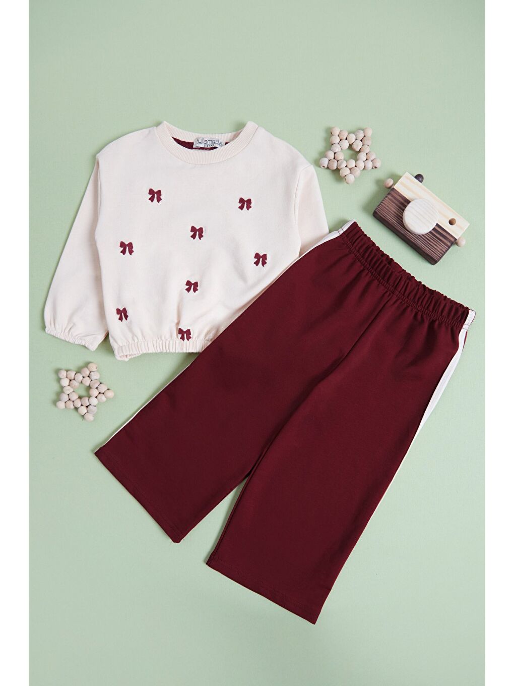 Bordo Kurdele Nakışlı Bol Paça Kız Çocuk Takım