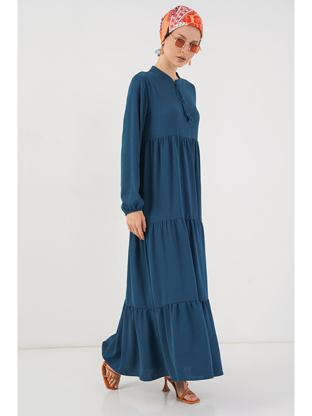 1627 Yaka Bağcıklı Tesettür Elbise - Petrol-1