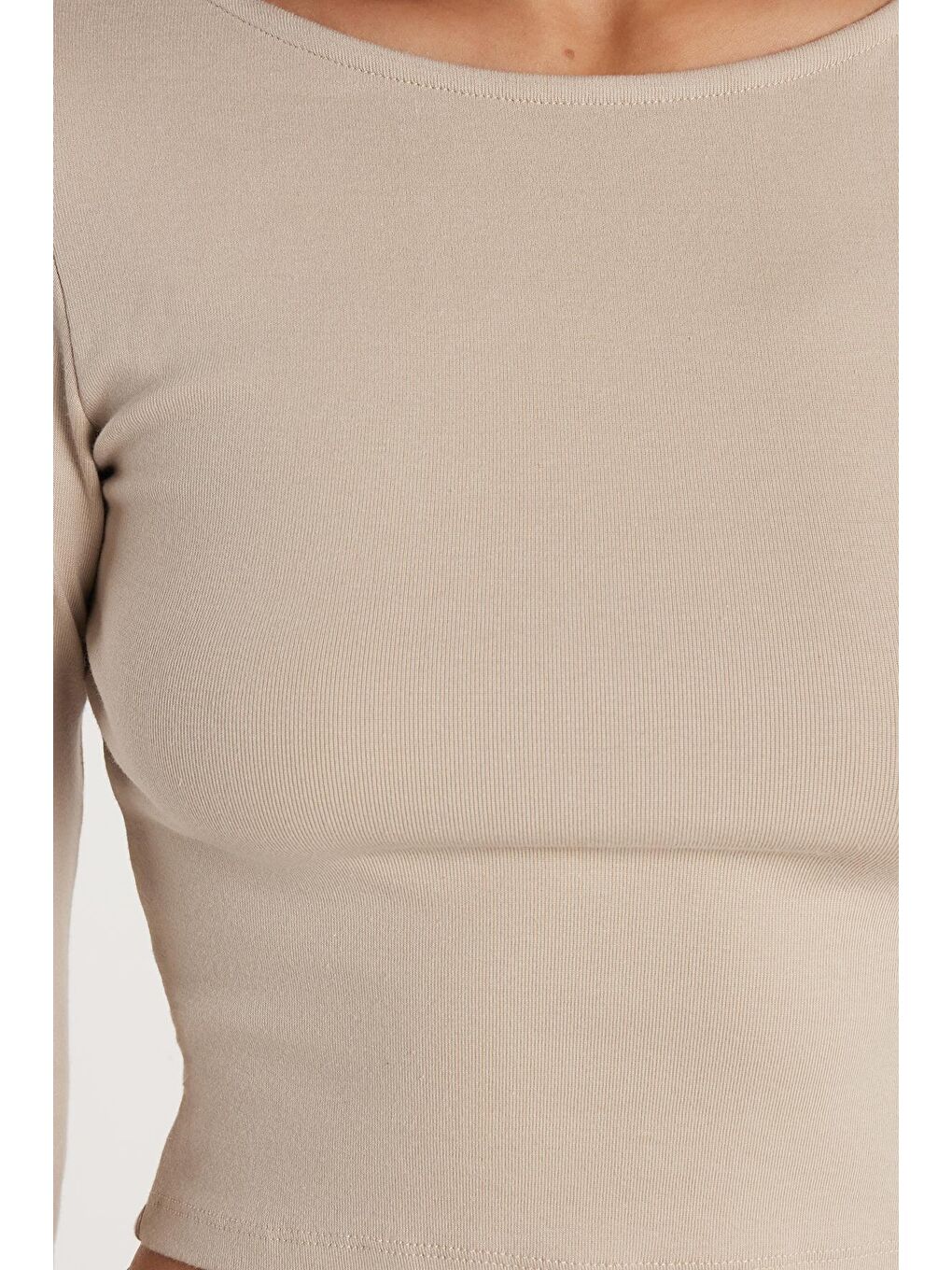 Bej Kadın Slim Fit Dar Kesim Modal Kumaş Uzun Kollu Bisiklet Yaka Taş Rengi Bluz-2