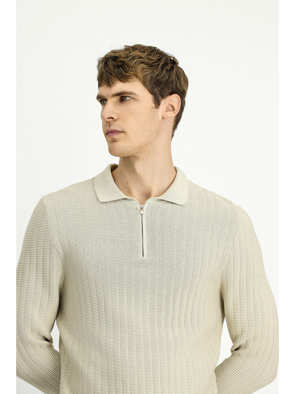 Bej Polo Yaka Regular Fit Desenli Fermuarlı Pamuklu Triko Kazak-2